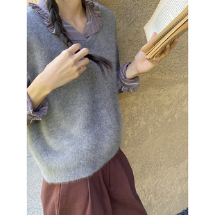 雏菊BellisPerennis2024AW日本进口雾灰毛感马甲50%貉绒40%狐狸绒