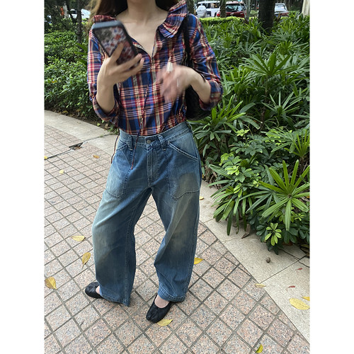 定织复古蓝高腰洗水牛仔裤