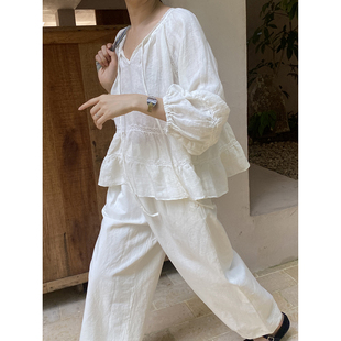 八分袖 雏菊BellisPerennis2025AW 汉麻亚麻竖纹提花花边小衫