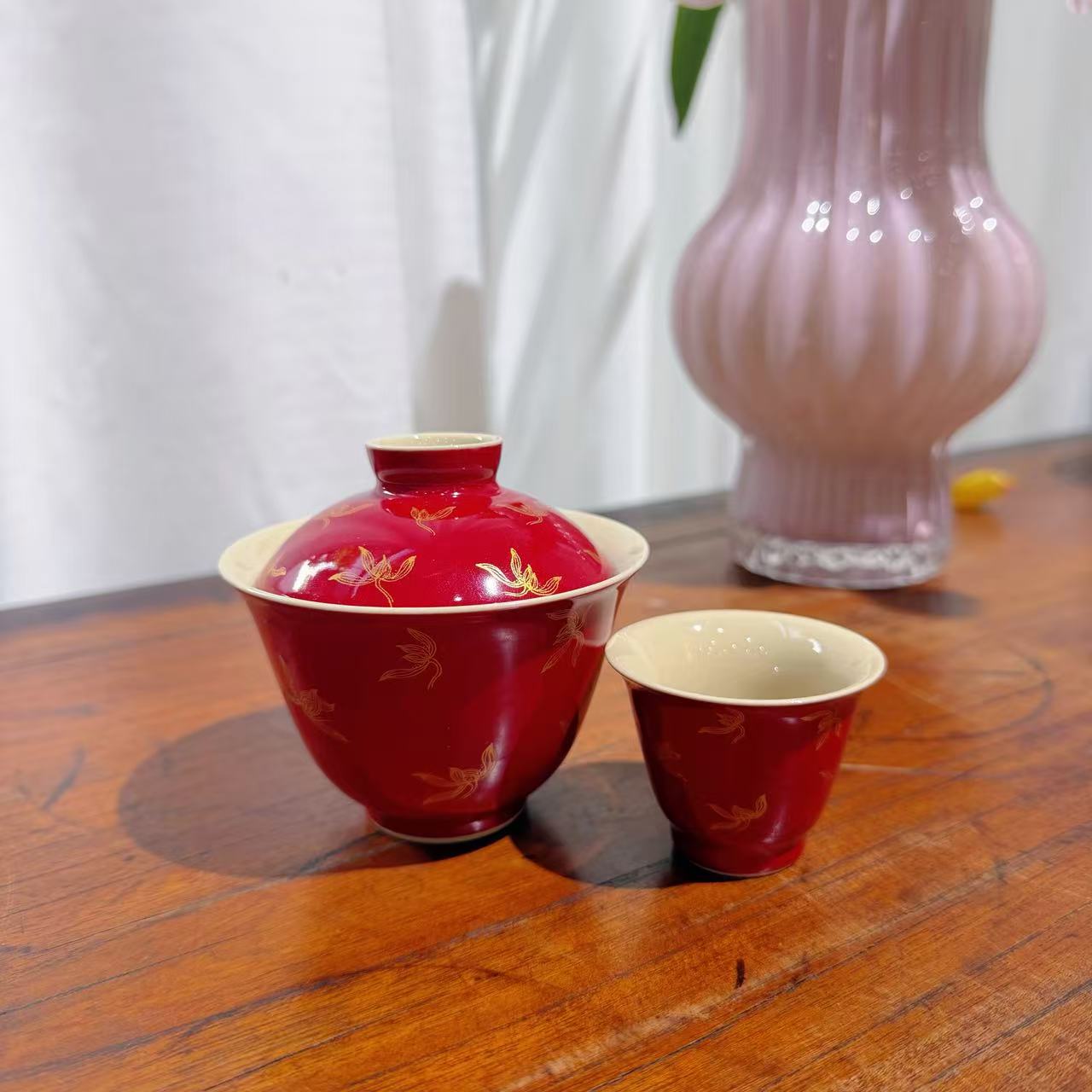 【秋水兰花】中国红陶瓷烫金秋水兰花文创杯子 桌面摆件 7596
