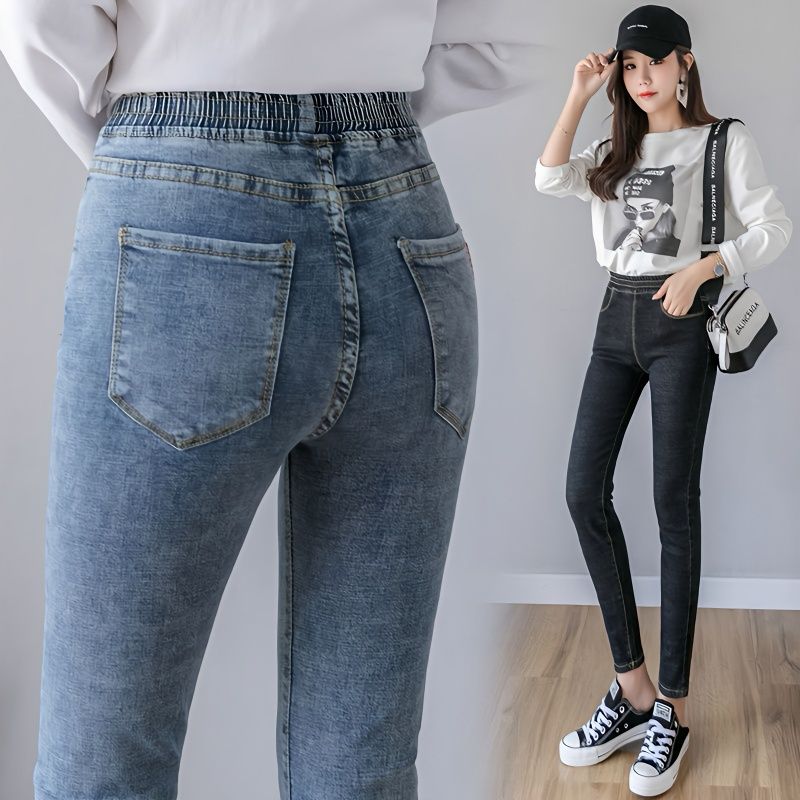 胖妹妹松紧腰牛仔裤女小脚裤子
