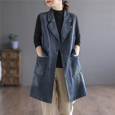 胖mm网红复古中长款牛仔马夹外套
