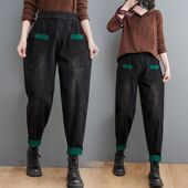 宽松紧腰显瘦贴布萝卜老爹裤 女秋季 潮 胖MM高腰哈伦牛仔裤 加肥大码