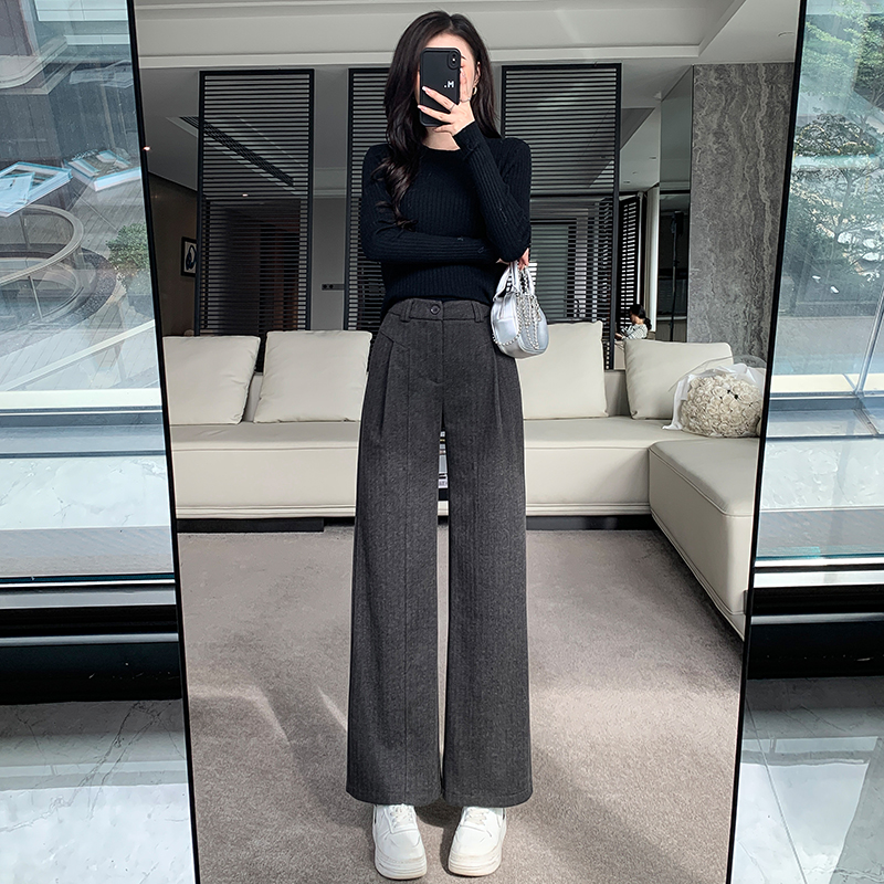 小矮个子145九分毛呢阔腿裤女秋冬新款垂感高腰直筒休闲长裤xxs码