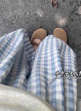 145xxs码蓝色格子阔腿裤女夏季薄款日系宽松百搭八分小个子直筒裤