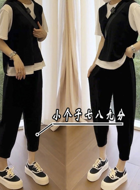 70斤xxs码西装哈伦裤女春秋季黑色高腰七分八分小个子休闲萝卜裤