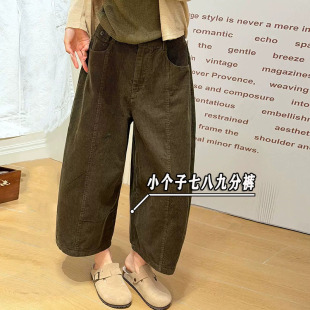 军绿色九分灯芯绒阔腿裤女秋冬小个子高腰显瘦七分休闲哈伦裤xs码