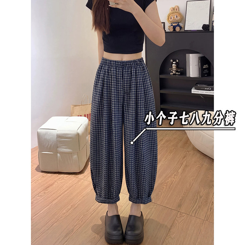 矮小个子韩系格子萝卜裤女夏款八九分高腰显瘦宽松慵懒气球哈伦裤