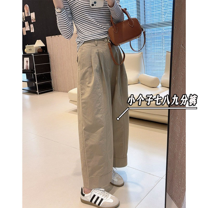 卡其色水洗棉直筒裤女秋季小个子七分裤子高腰日系休闲哈伦裤xxs8