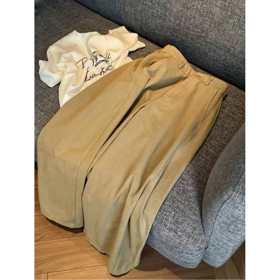 韩系百搭慵懒风卡其阔腿裤女小个子夏季薄款宽松垂感直筒休闲裤子