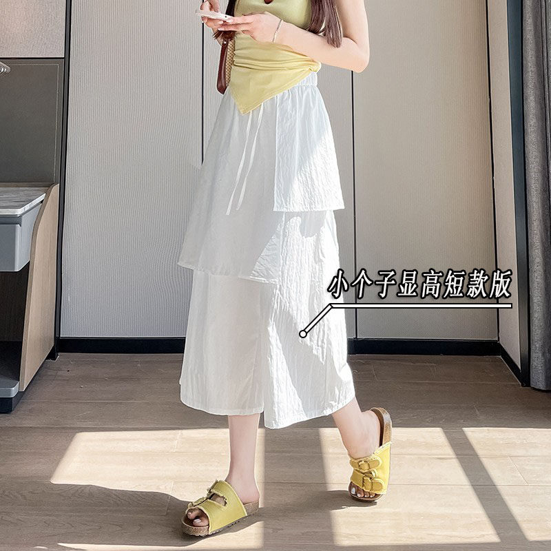 设计感网纱拼接假两件屁帘休闲裤女夏款小个子七分高腰显瘦阔腿裤