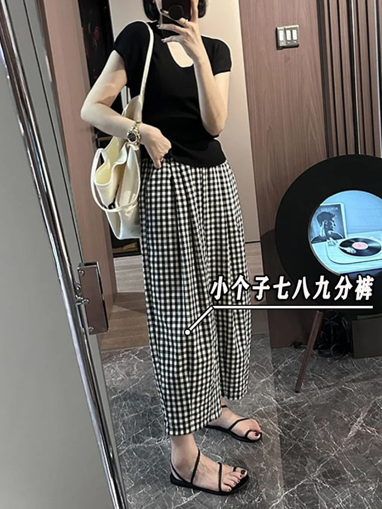 小个子150穿搭黑白格子棉麻裤女夏季韩版高腰八分哈伦萝卜裤xxs码