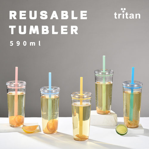 2025新款590ml Tritan吸管杯奶茶杯咖啡杯多色大容量吸管水杯