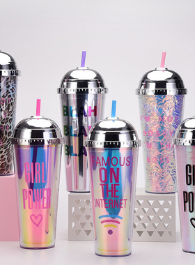 2025欧美新款24oz吸管杯豹纹幻彩半圆盖水杯大容量便携双层塑料杯