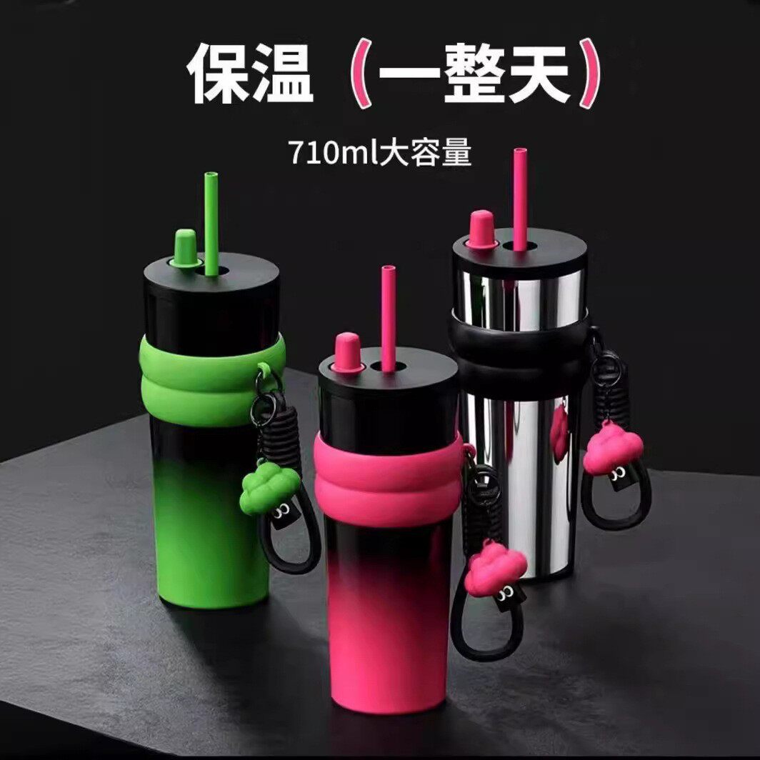 新款公仔冰霸杯大容量带提绳保温杯316不锈钢水杯车载吸管杯定 制