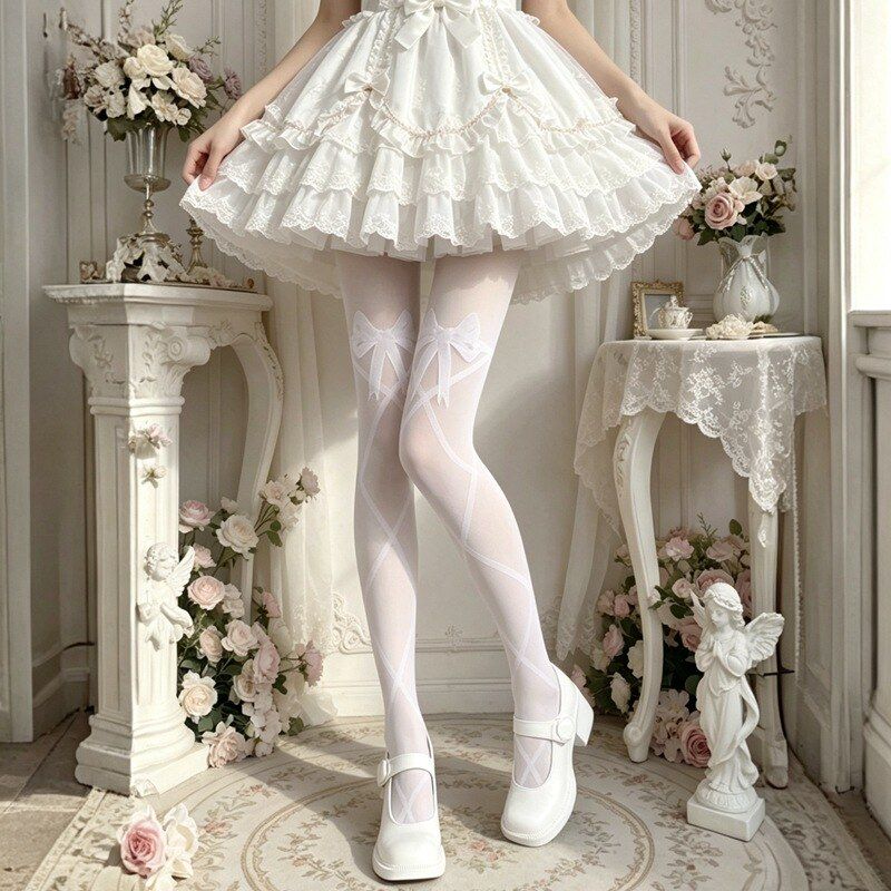 Lolita白色甜美系少女蝴蝶结菱格提花黑丝洛丽塔洋装搭配连裤袜