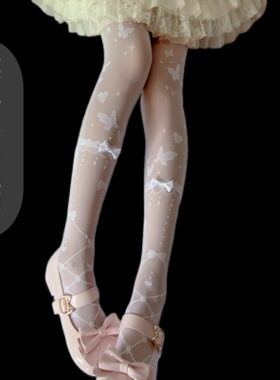 {蝶花之恋}Lolita白色蝴蝶结丝袜女夏薄款性感洛丽塔黑丝连裤袜