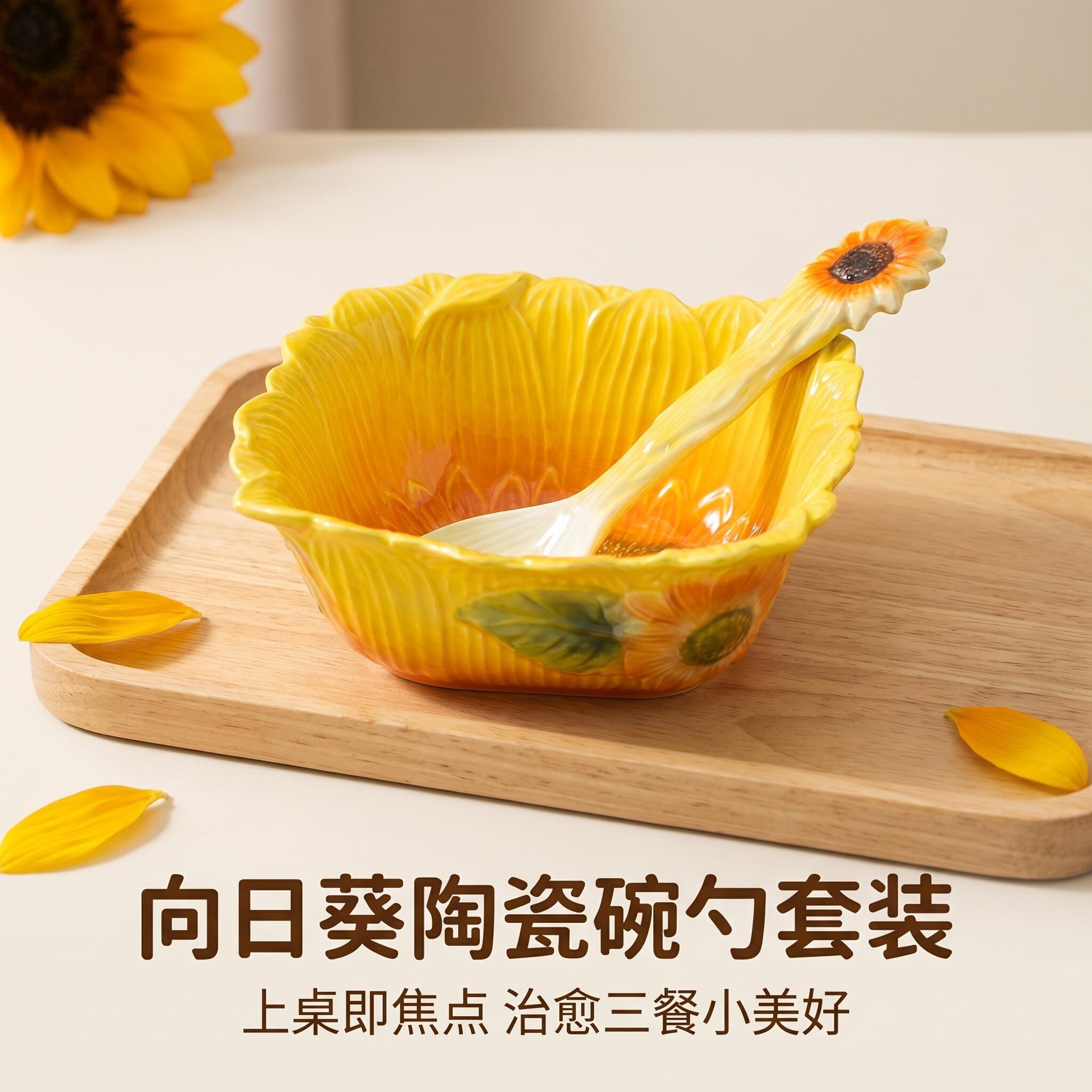 珐琅瓷釉下彩向日葵碗勺套装