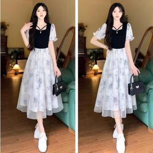 茶歇风桔梗连衣裙胖mm甜美假两件拼接网纱长裙子 大码 女装 夏季 法式
