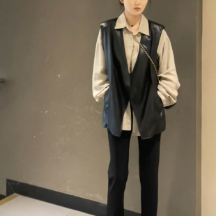 欧货2025春秋新款 坎肩外搭女 不规则宽松百搭休闲叠穿PU皮休闲大版