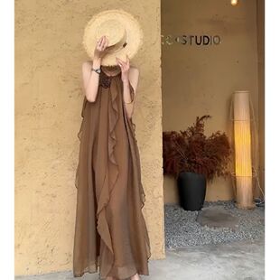 灰色氣質高級感海邊長款 掛脖吊帶連衣裙夏季 新款 2025夏裝 裙子大碼
