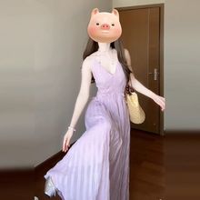 大码胖mm紫色无袖挂脖吊带连衣裙绝美海边度假法式气质长裙遮肚子