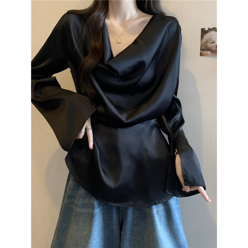 气质缎面长袖衬衫女高级感不规则领口堆积喇叭袖收腰系带显瘦上衣