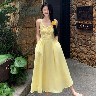 大码 甜美温柔风收腰显瘦设计感高腰抽绳吊带连衣裙女 胖mm夏季 法式