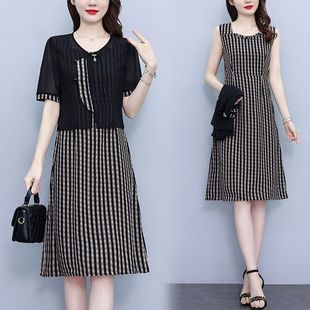 2025夏季 大码 轻奢胖女人遮肚显瘦格纹背心连衣裙外搭小衫 两件套装