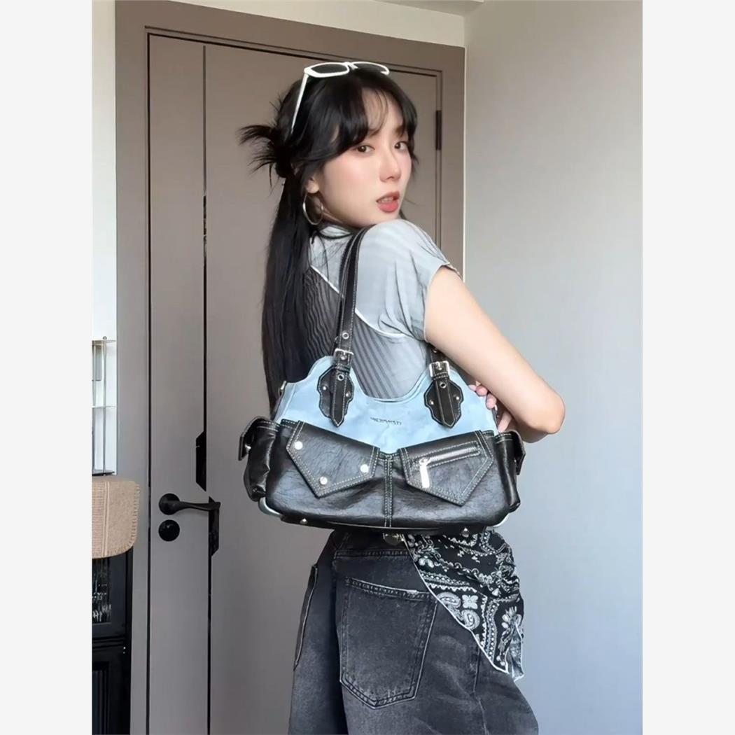 小众设计复古撞色牛仔拼