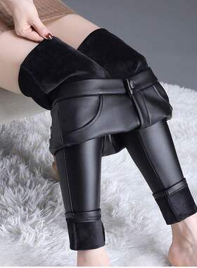 冬季加绒加厚皮裤子女款