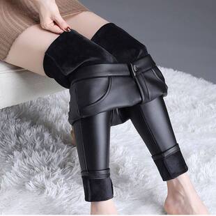冬季加绒加厚皮裤子女款紧身弹力小脚女式打底亮光皮裤女中腰带绒