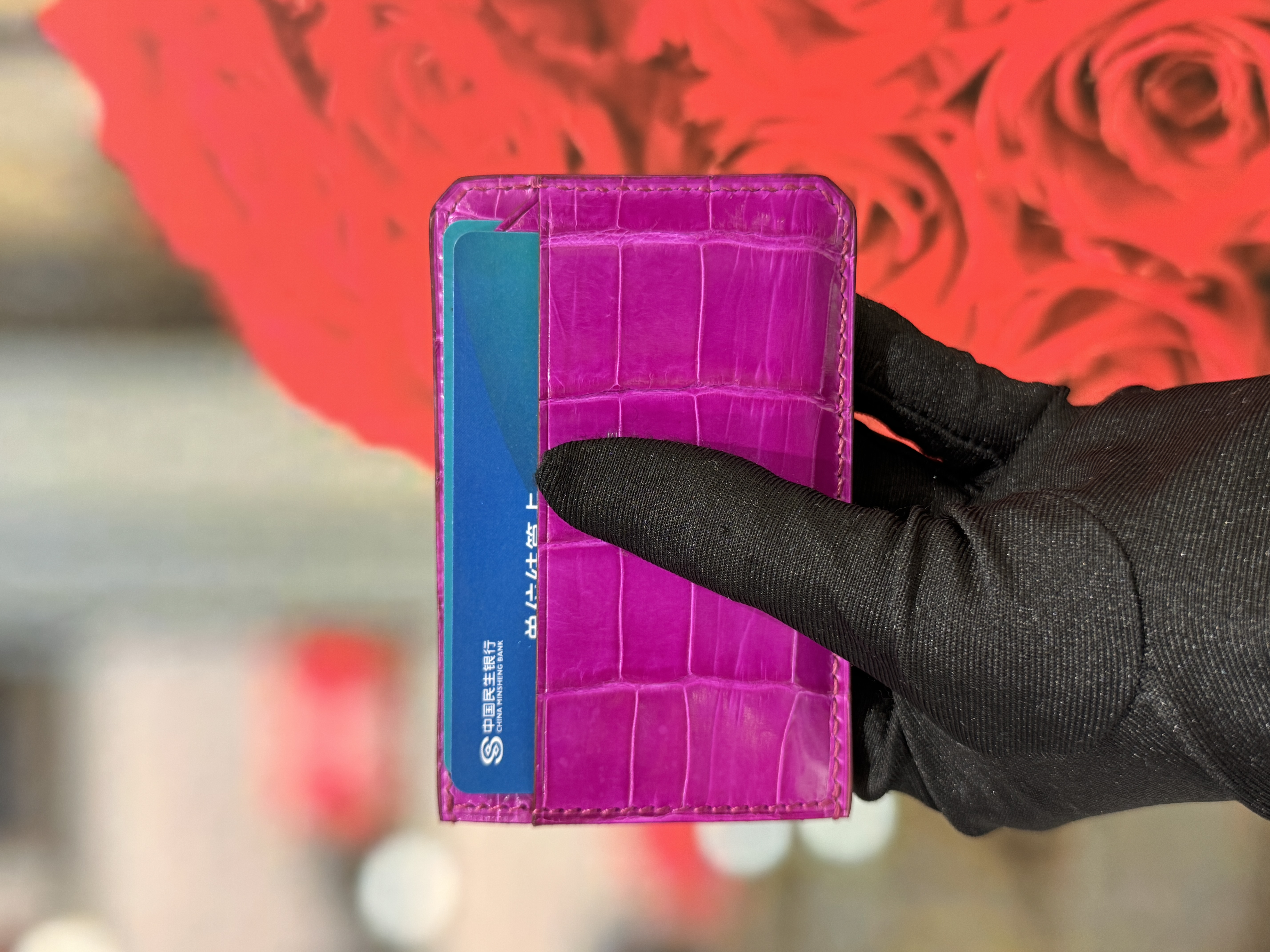 进口鳄鱼皮女士卡包city 4cc女士卡套信用卡夹多色男女钱包玫红色