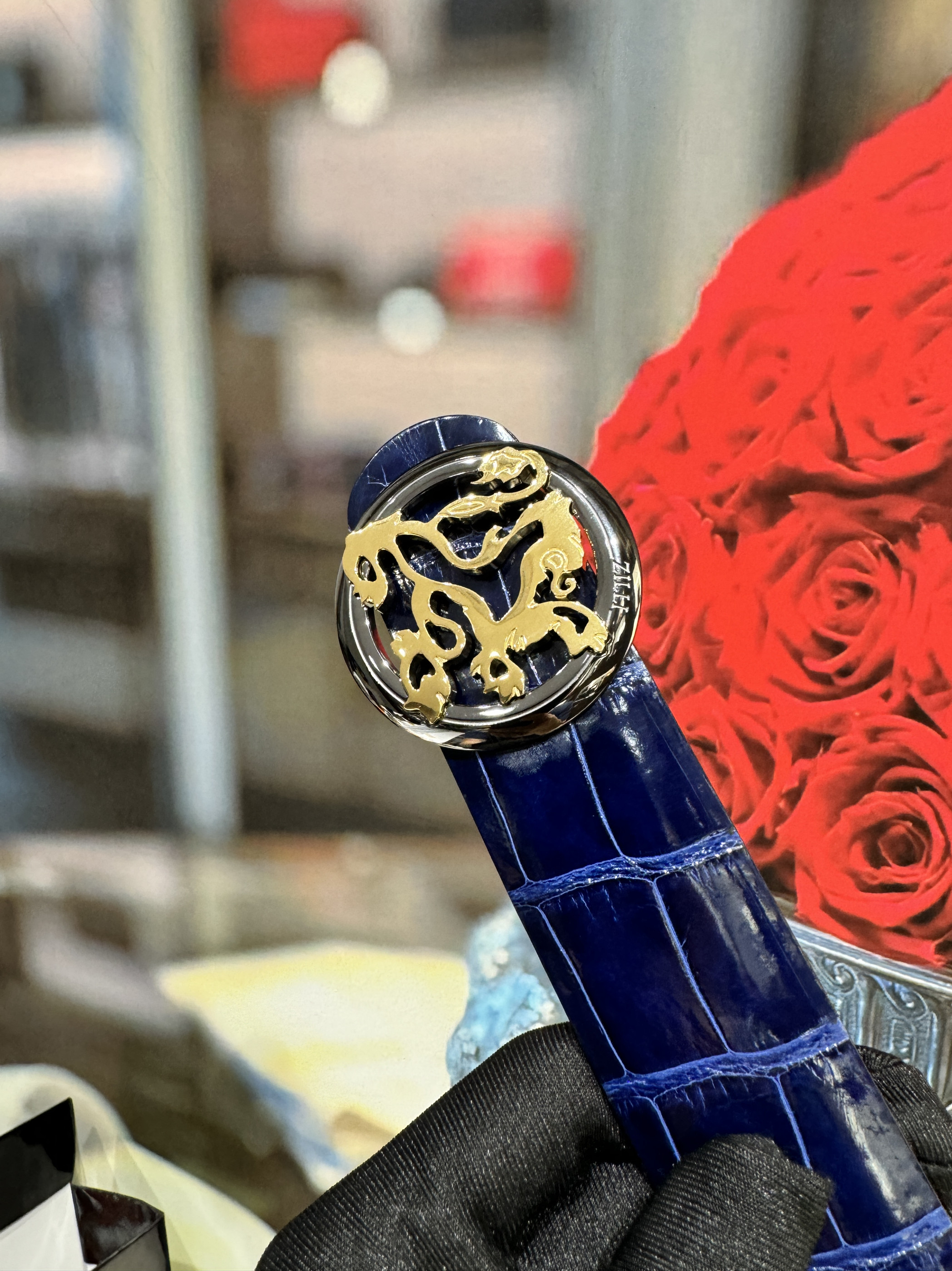 ZILLI泽利金色狮子头扣鳄鱼皮带男士美洲鳄鱼皮亮面宝石蓝3.8宽