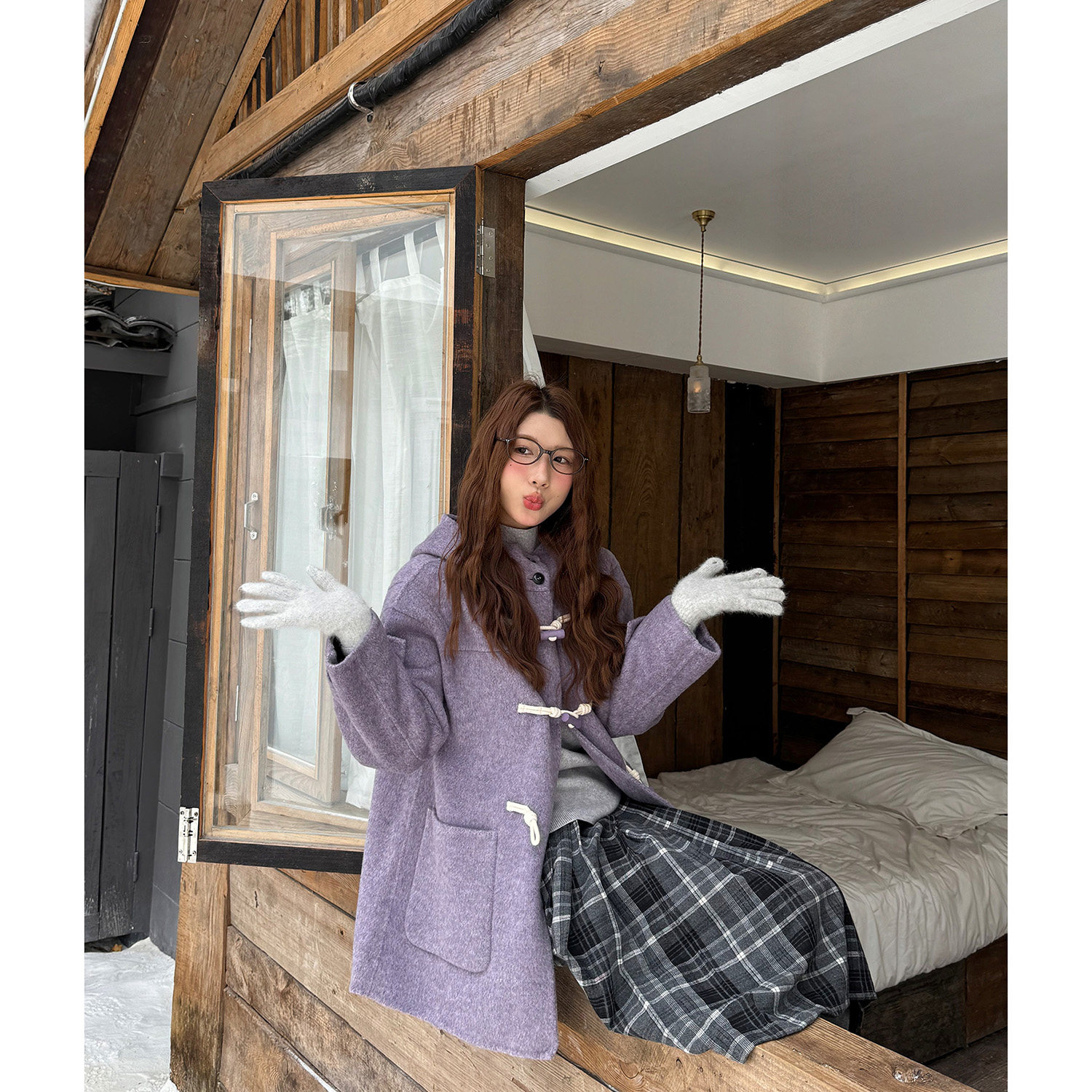 吴宝珠 韩系学院紫色牛角扣连帽双面呢羊绒毛呢大衣女冬季小个子,女装/女士精品,毛呢外套,淘宝优惠券,粉丝福利购,淘宝优惠卷