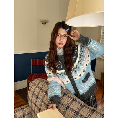 日系冰川蓝费尔岛针织开衫羊毛衣