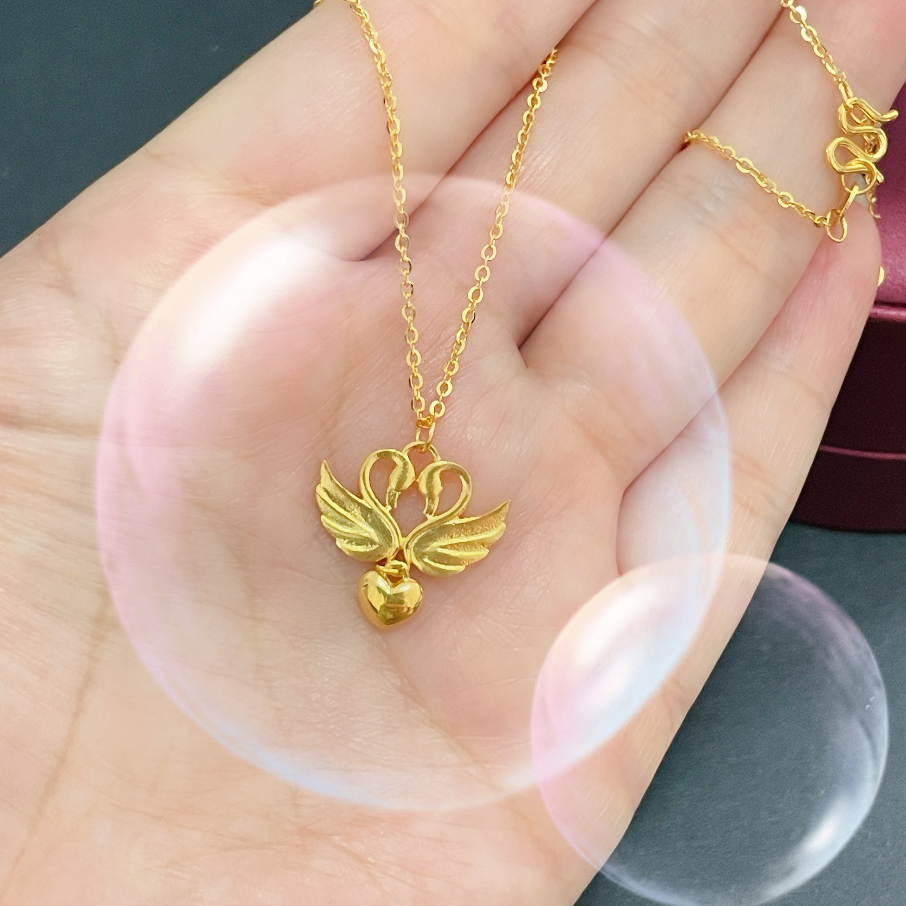 足金999双天鹅爱心黄金项链女款时尚5G足金套链吊坠情人节送女友