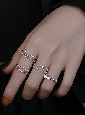 宁宁对戒包邮甜酷交叉设计星星食指环女个性几何锆石链条开口戒指