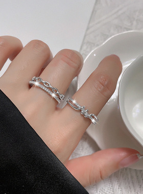 宁宁 ins个性锆石双圈开口戒指女锁链波浪交叉链条缠绕指环轻奢