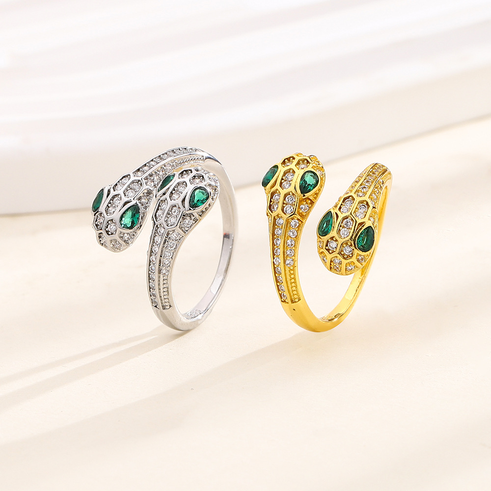双头蛇指环辣妹欧美跨境蛇头食指戒独特精致绿眼睛锆石蛇形指环女