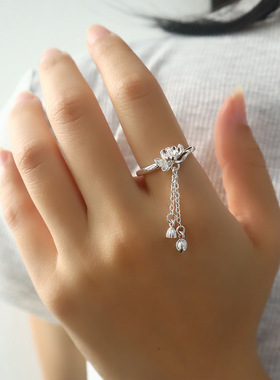 两世欢莲花戒指复古国风设计链条流苏莲蓬花苞指环送女友闺蜜礼物