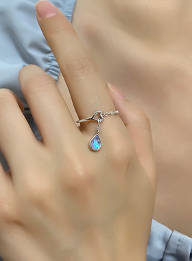 宁宁 女INS风炫彩锆石流苏开口食指指环法式个性月光石水滴戒指