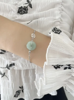 招财铜钱转运平安扣手链INS新款宫廷风祖母绿和田玉手环闺蜜手串