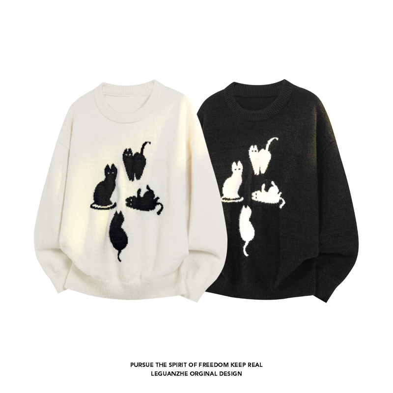 可可爱爱潮牌猫咪马海毛圆领针织衫男女秋冬宽松情侣慵懒套头毛衣