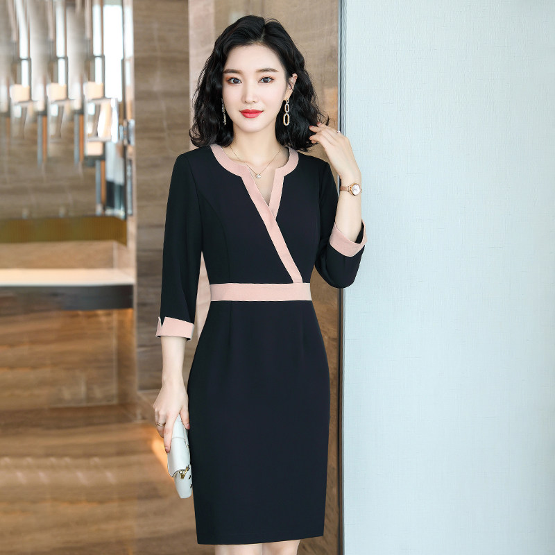 通勤职业连衣裙女春秋新款气质美容师前台珠宝店工作服包臀裙工装
