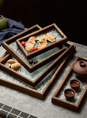 海棠花托盘玻璃茶盘复古长方形绿色透明木质边框咖啡点心家用盘子