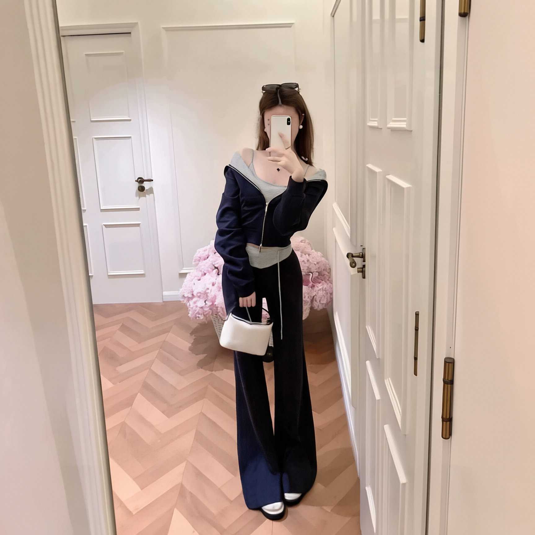 港风拼色连帽卫衣阔腿裤女两件套