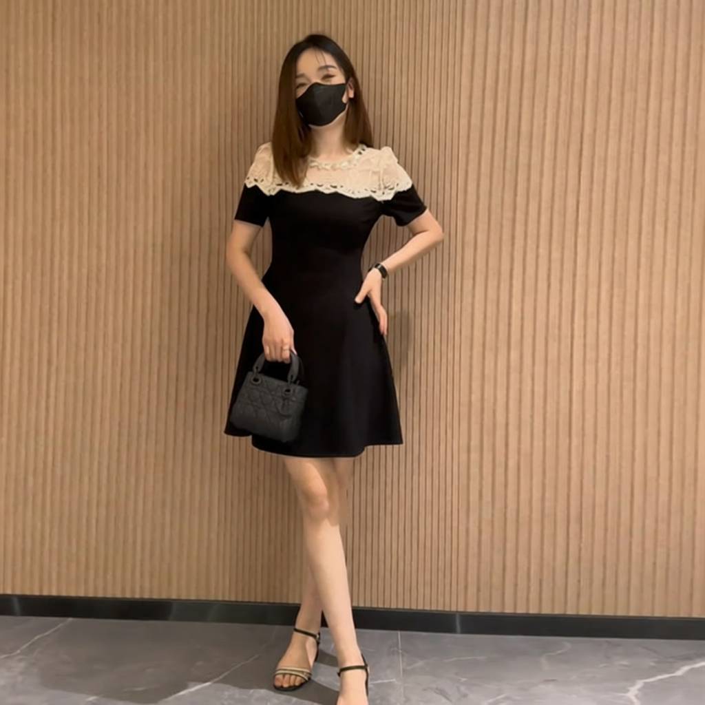 夏季短袖收腰显瘦蕾丝拼接连衣裙