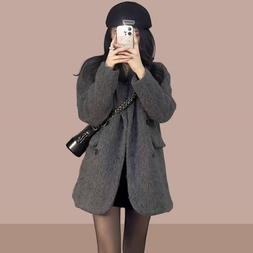 小个子感中长款宽松呢子外套女韩版气质毛呢西装外套女秋冬季