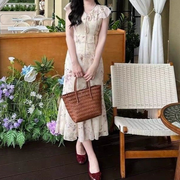 夏季法式V领碎花雪纺鱼尾连衣裙